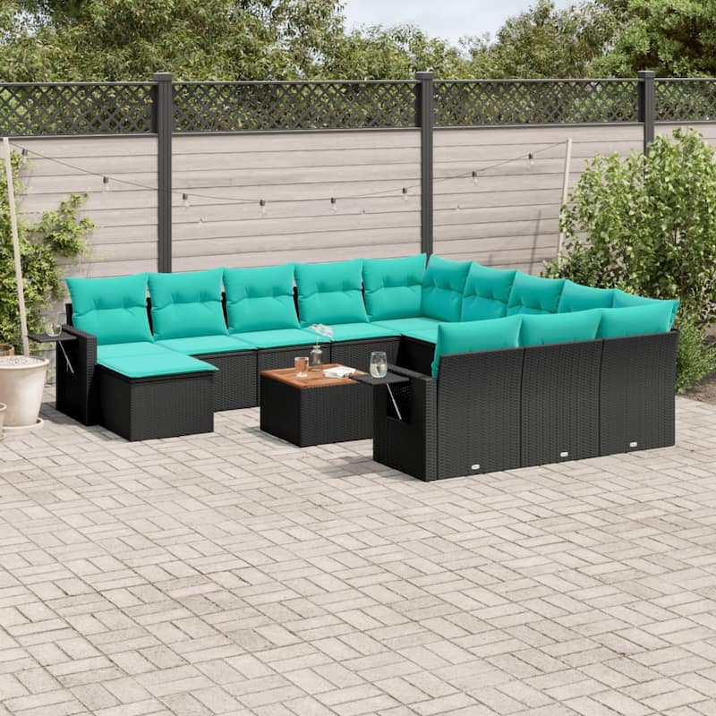 vidaXL 13 Piece Patio Sofa Set with Cushions Black Poly Rattan - 24.4 x 24.4 x 27.2