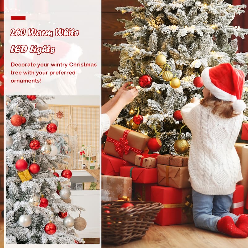 Gymax 4.5/6/7ft Snow Flocked Decoration Christmas Tree w/LED Lights &