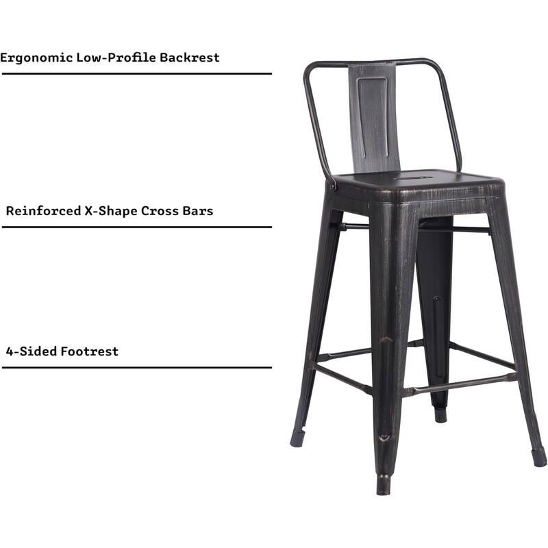 24" Sanded Matte Black Industrial Contemporary Rustic Metal Barstools with Bucket Back, Set of 4