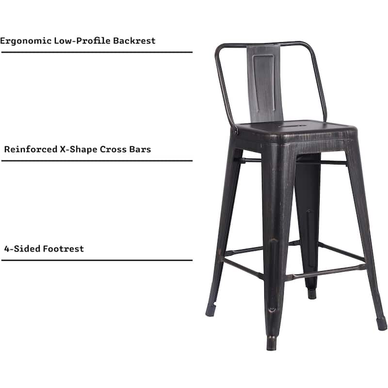 Industrial Metal Bar Stools Set of 2 Bucket Back 4 Leg Design 24in Seat Distressed