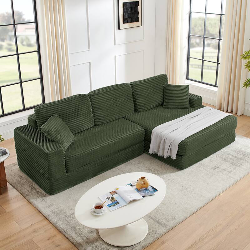 Expanded into Queen Size Floor Bed of Sectional Sofa with Chaise, L-shaped Corduroy Upholstered Compressed Couch with Pillows