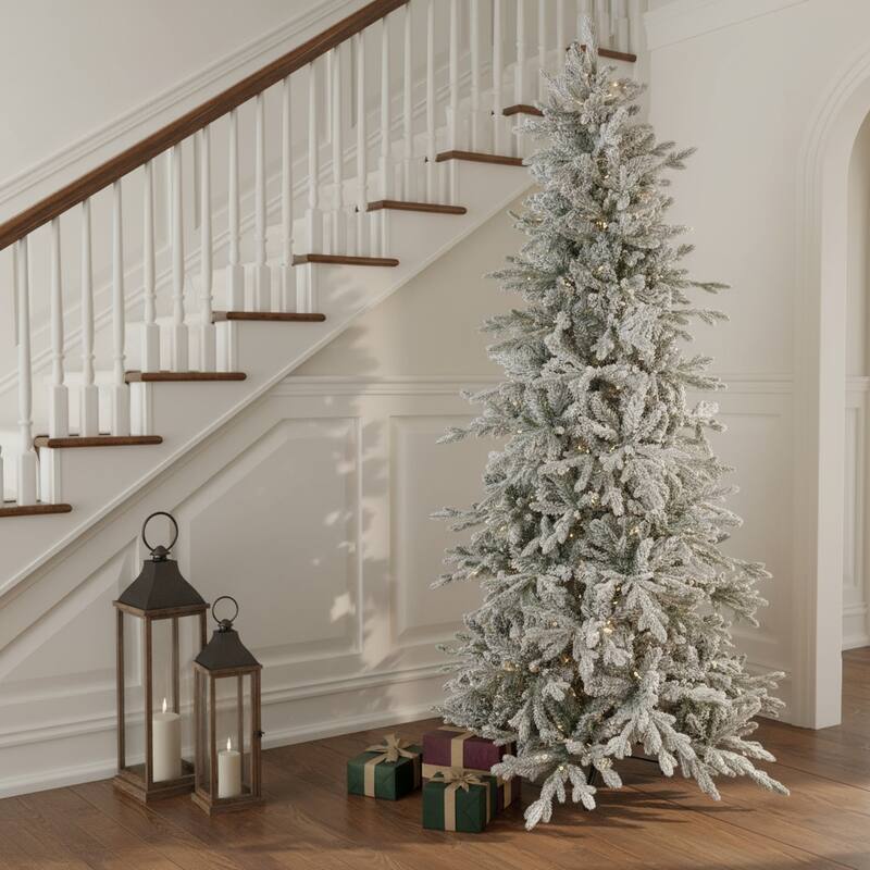 HomeRoots 7' Slender Flocked Pine Christmas Tree - Green/White - 46.00 in. x 84.00 in. x 46.00 in. - Green/White - 7 Foot