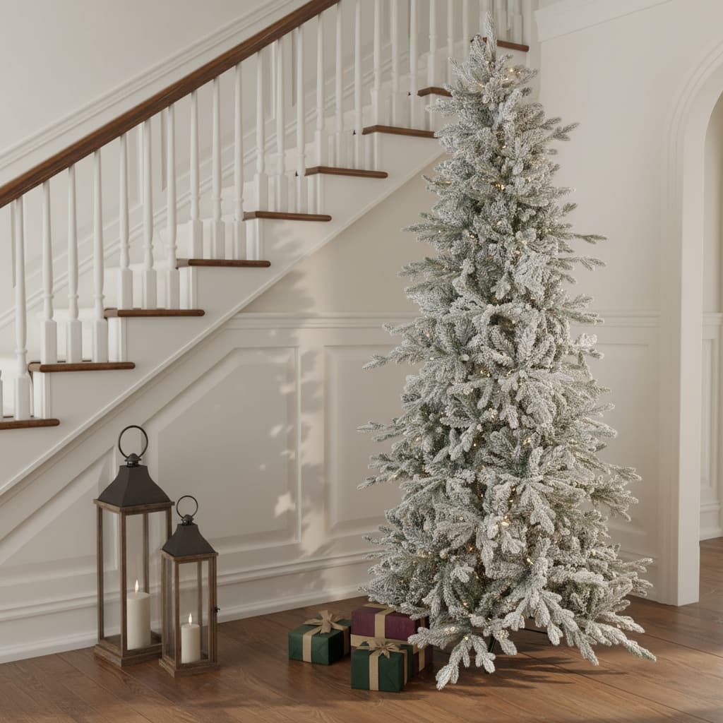 HomeRoots 7' Slender Flocked Pine Christmas Tree - Green/White - 46.00 in. x 84.00 in. x 46.00 in.