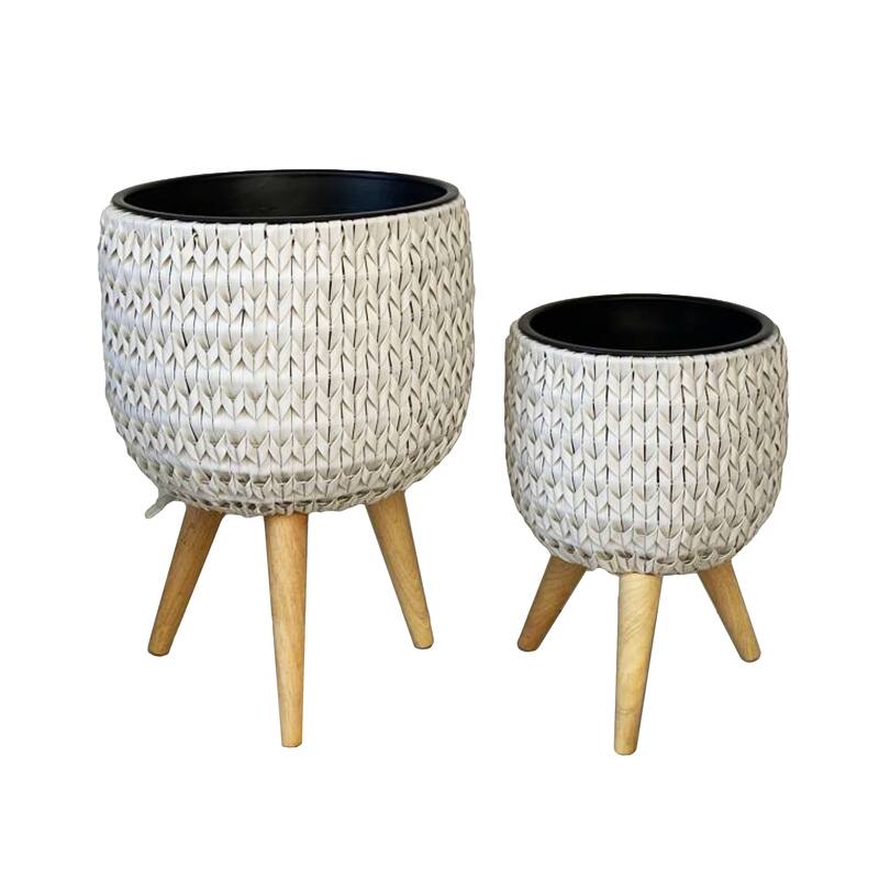 Alpine Corporation 24in Tall Poly Rattan Planter Set of 2 with Removable Inserts, Tall Durable Resin Wicker-Style Pots