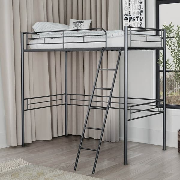 slide 2 of 15, Metal Twin Size Loft Bed with Angled Ladder Black