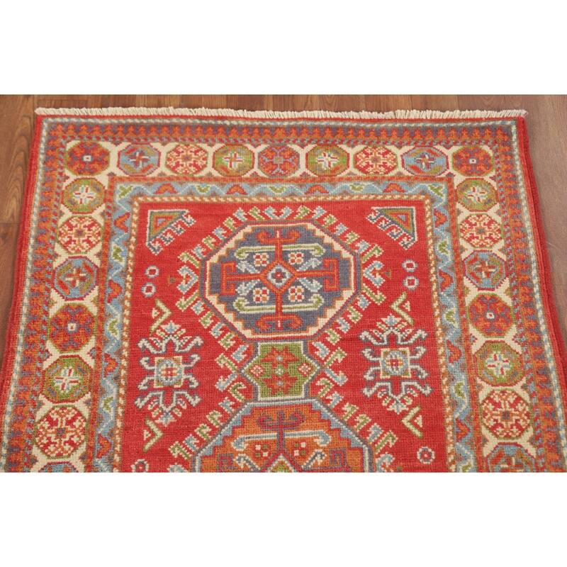 Geometric Kazak Accent Rug Handmade Wool Carpet - 2'10" x 4'0"