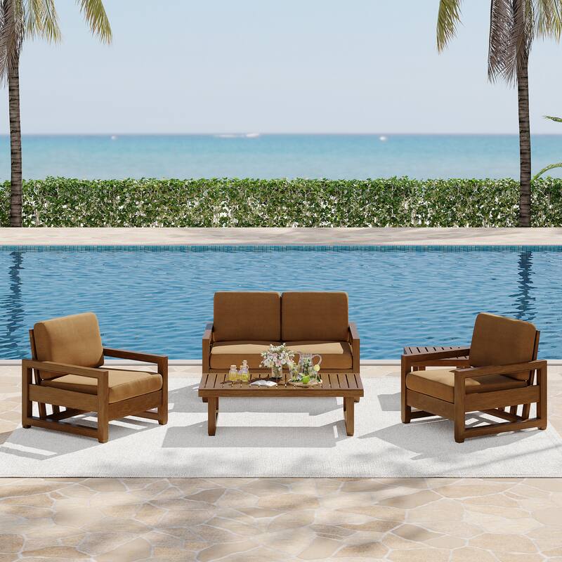 5-Piece Patio Wood Conversation Set with Loveseat, Chairs and Tables - Light Brown/Brown wood