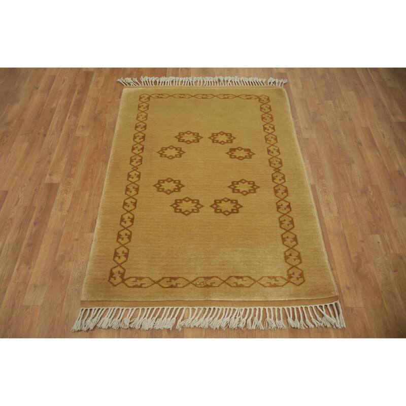 Hand Knotted Oriental 100% Wool Carpet Tribal Geometric Yellow & Gold Gabbeh Area Rug - 4' 8'' X 3' 6''