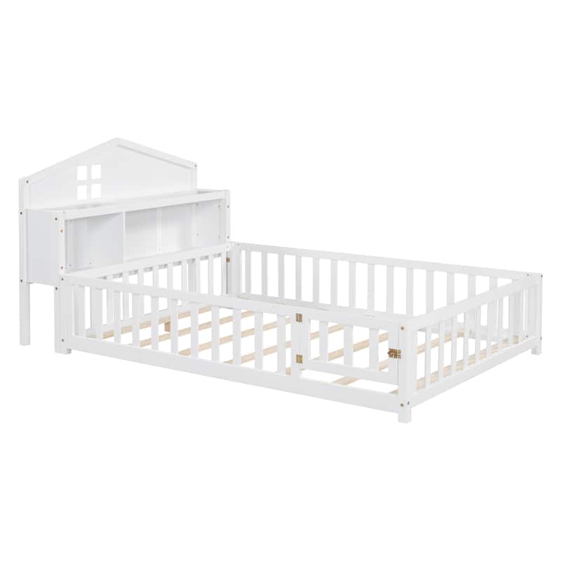 White Full Size Plywood Montessori Floor Bed with Bookcases, Blackboards, Guard rails