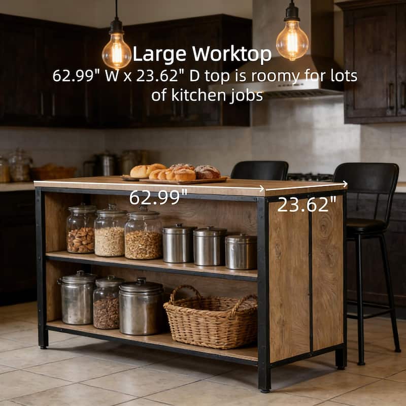 63-Inch Farmhouse Kitchen Island with Storage & Seating for Kitchen, Dining Room, Rustic Brown