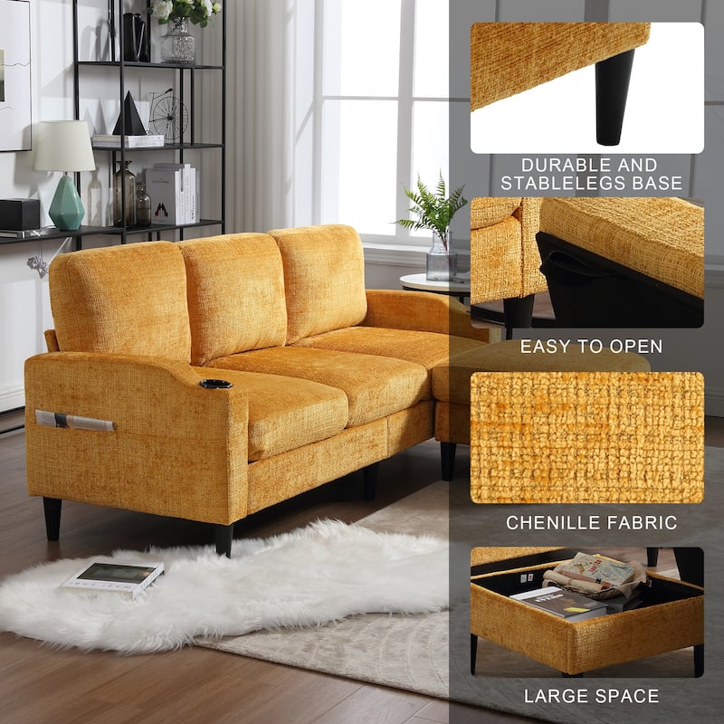 HOMEFUN Chenille Upholstered L-Shaped Living Room Sofa with Storage Ottoman
