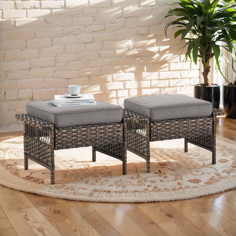 Gymojoy 2 Rattan Patio Ottoman Footrest Wicker Footstool - Brown - Brown - Grey