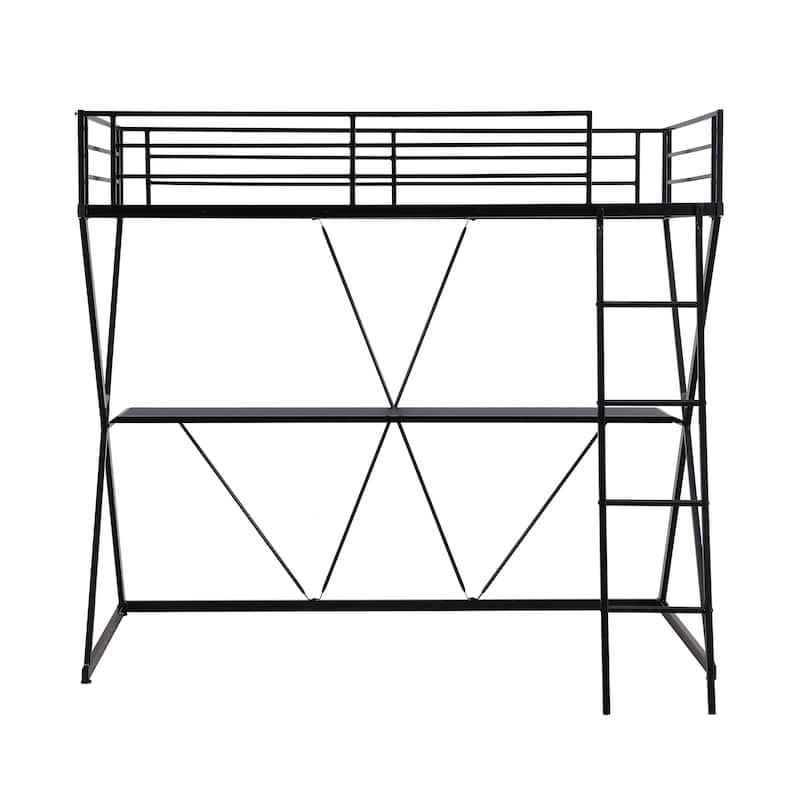 Industrial Style Twin Size Loft Bed with Desk, Ladder and Full-Length Guardrails Top Bunk, X-Shaped Metal Frame Support