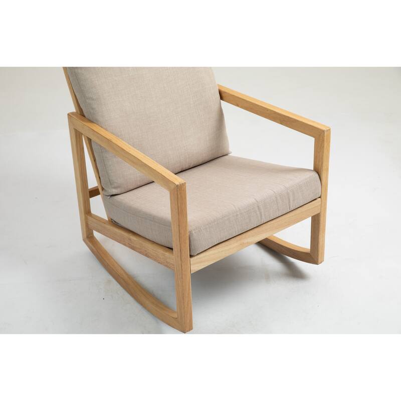 Comfortable Upholstered Glider Chair with Natural Rubberwood Frame and Khaki Finish