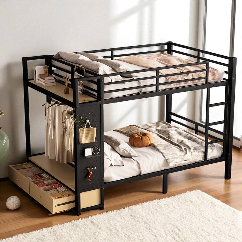 Full over Full / Queen over Queen Metal Bunk Bed with Shelves, Drawers and Pegboard Storage - Black - Full