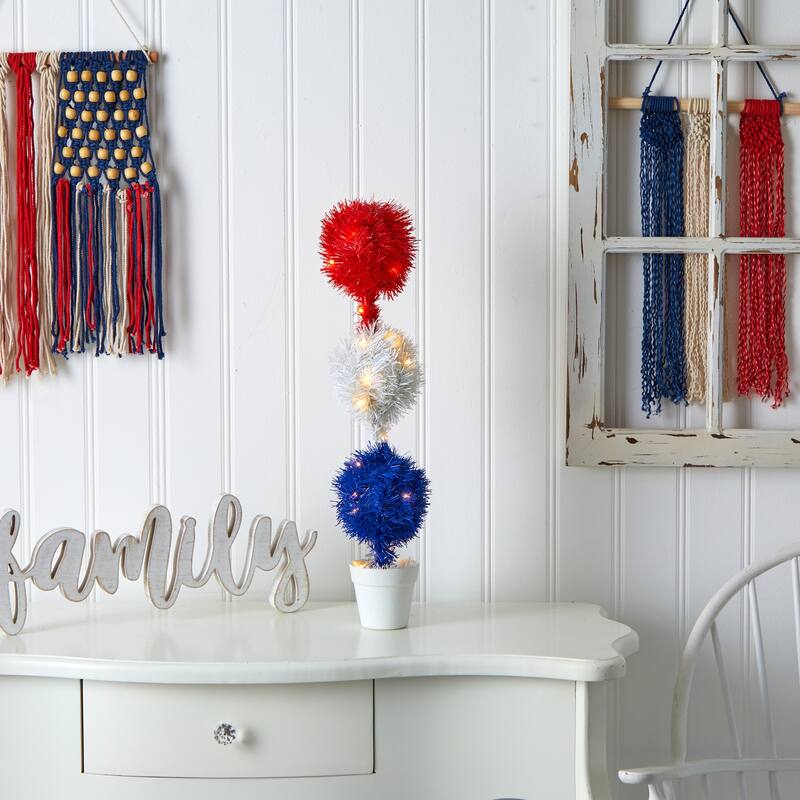 Topiary Plant with Lights - 2ft Red White Blue Artificial Tree Decor