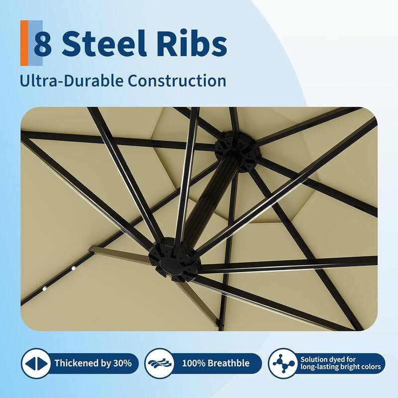 10ft Solar Lights Offset Patio Umbrella, Cantilever Umbrella with Easy Lift & Tilt Adjustment, 8 Ribs Sun Umbrella UV