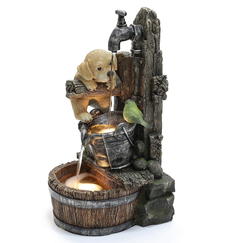 Puppy at the Farmhouse Faucet Resin Outdoor Fountain with Lights