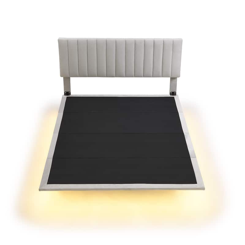 Grey Queen Size Velvet Upholstered Queen Bed with Sensor Light, Floating Platform Design, and Headboard