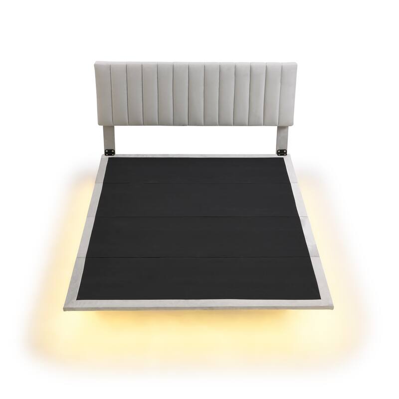 Queen Upholstered Velvet Bed with Sensor Light and Floating Frame - Modern Platform Bed with Headboard, No Box Spring Required