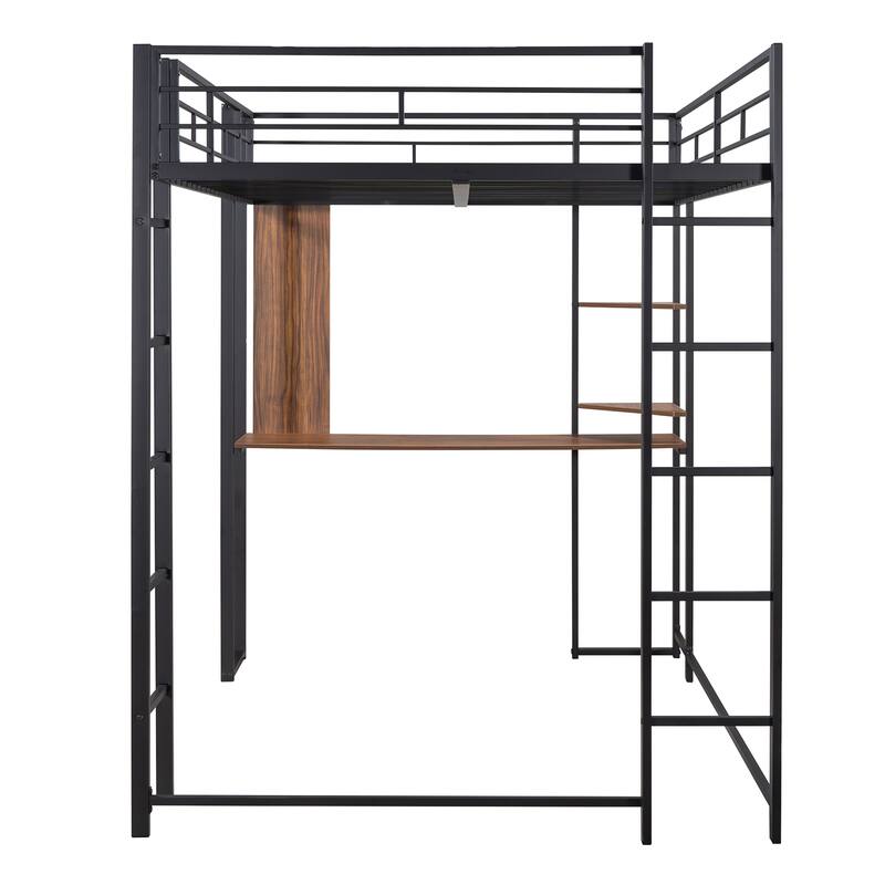 Full Size Metal Loft Bed with Shelves and Desk, Sturdy Steel Frame, Space-Saving Design