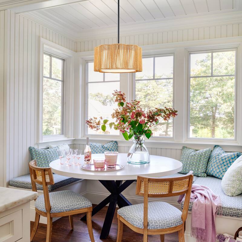 Farmhouse 1-Light Drum Pendant Light with Woven Shades - Black