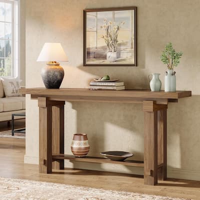 63-Inch Farmhouse Entryway Table with Storage, Wooden Entry Table for Living Room, Hallway, Entrance, Brown