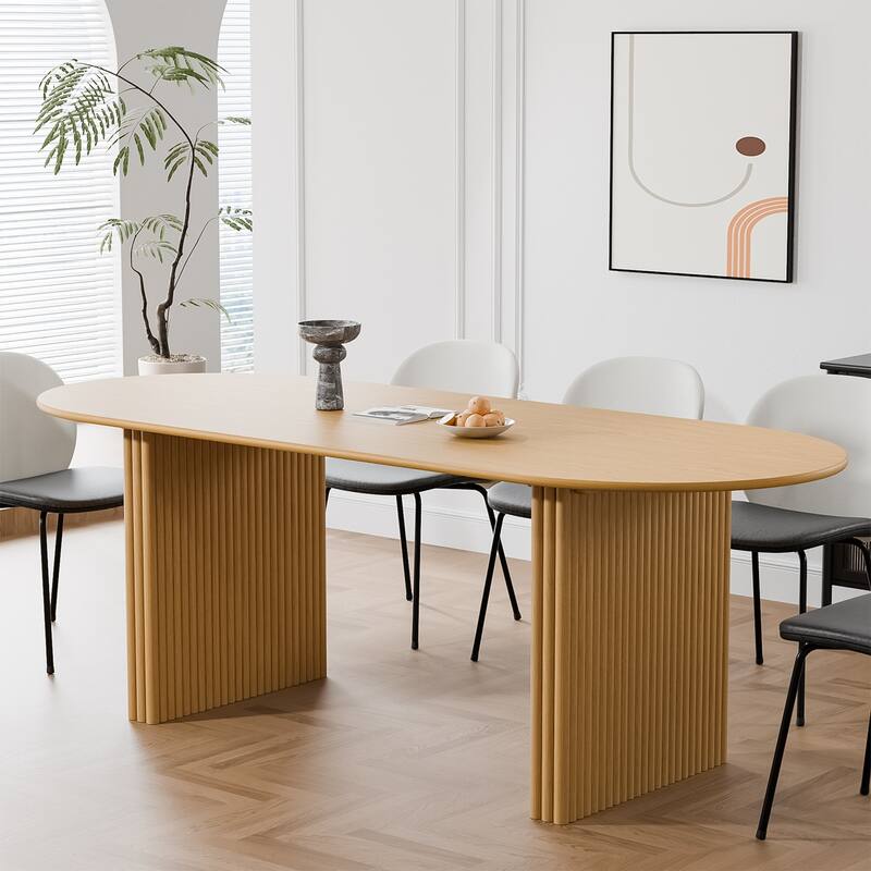 Large Oval Dining Table Seats 4-6 Modern Farmhouse Kitchen Table with Wood Strip Base for Home Living Room Kitchen Bar - Natural