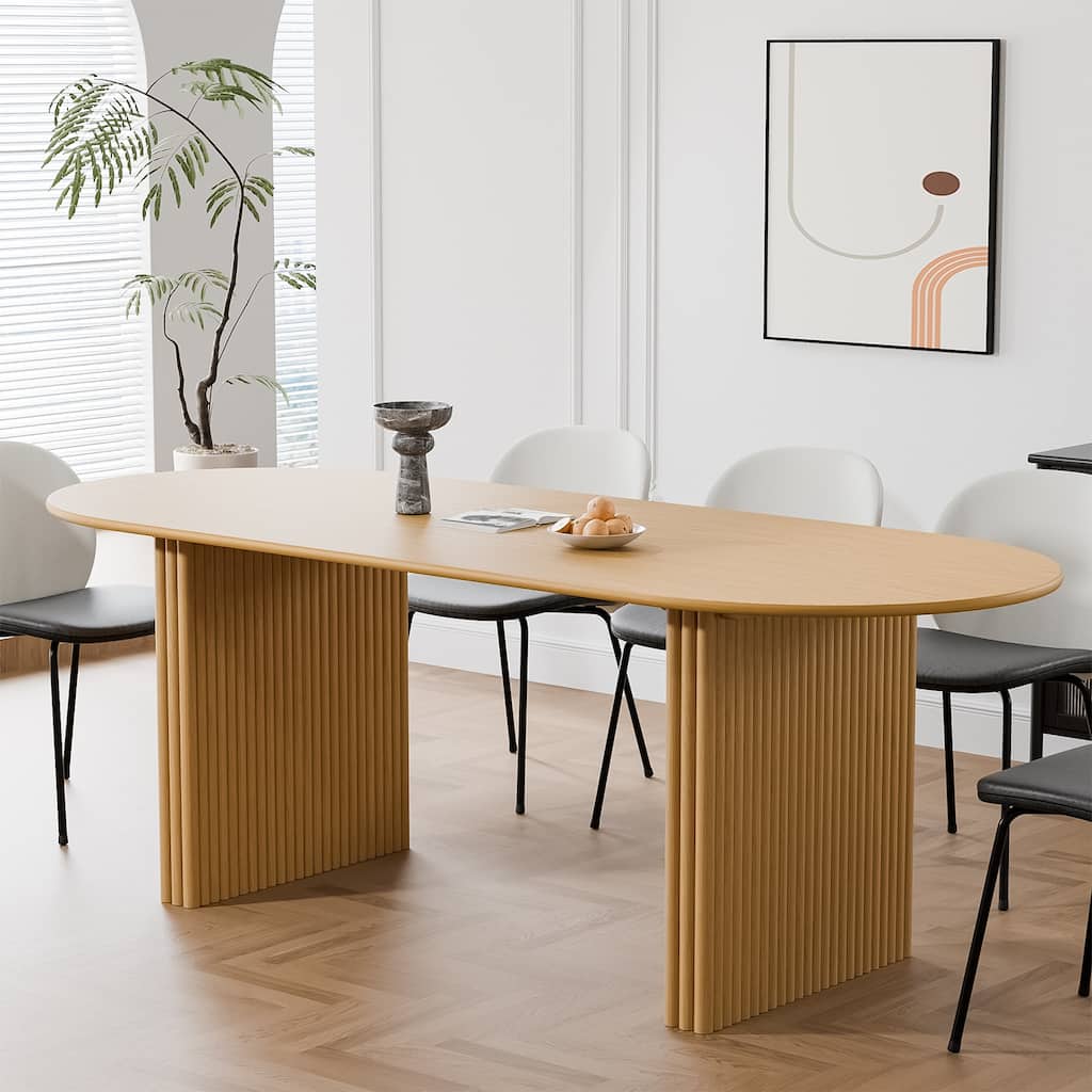 Large Oval Dining Table Seats 4-6 Modern Farmhouse Kitchen Table with Wood Strip Base for Home Living Room Kitchen Bar