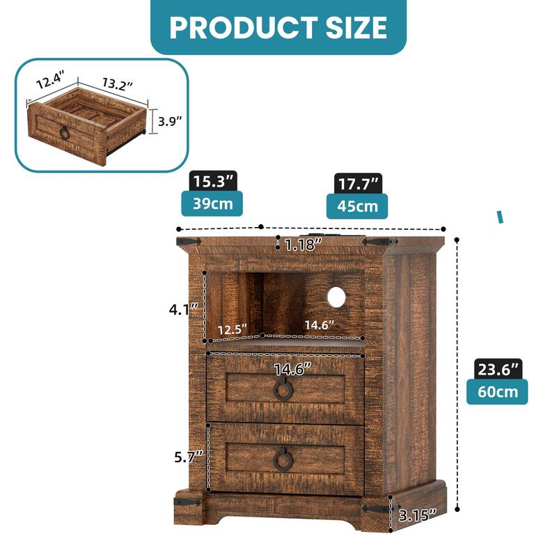 Moasis Rustic Farmhouse End Side Table with Drawers and Power Outlets for Living Room