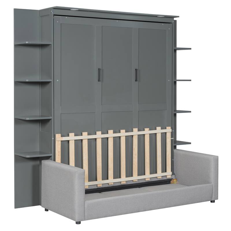 Queen Size Murphy Bed with Sofa and Cushions, Space-Saving Wall Bed with Easy Folding Design