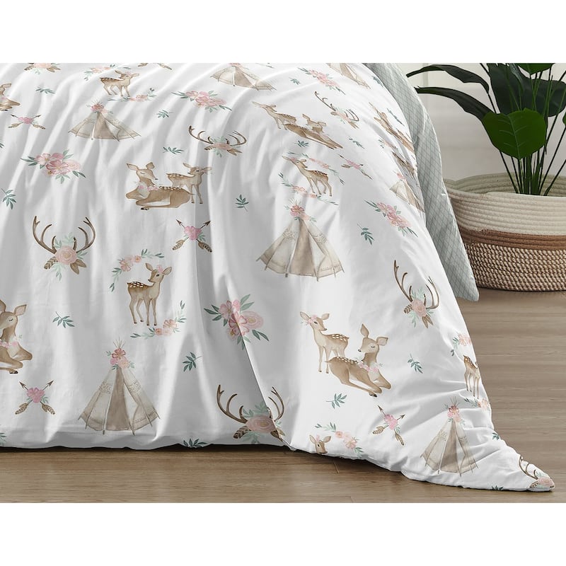 Sweet Jojo Designs Blush Pink Mint Boho Watercolor Woodland Deer Floral Collection Girl 2-piece Twin-size Comforter Set