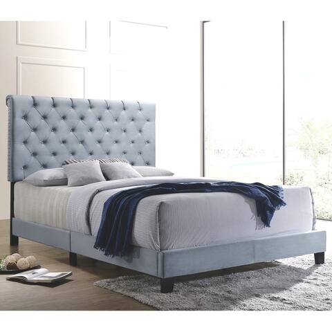 Modern Elegant Button Tufted Design Blue Velvet Upholstered Bed