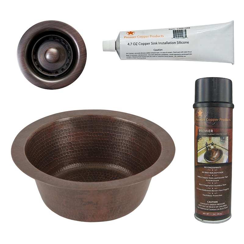 12" Round Hammered Copper Bar Sink w/ 2" Drain Opening, Matching Drain and Accessories