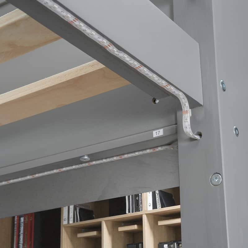 Twin/Full Size Gray Gaming Loft Bed with Desk, Storage Cabinets, LED Lighting & Hanging Clothes Rack