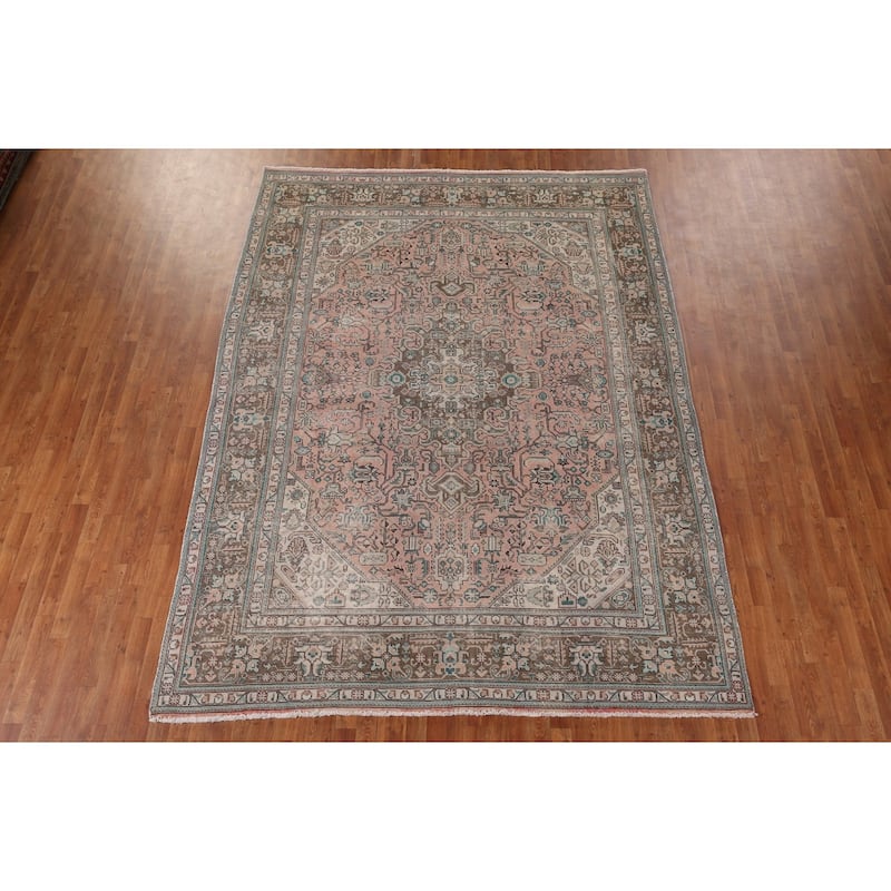 Distressed Tabriz Persian Vintage Rug Hand-Knotted Pink Wool Carpet - 8'2" x 11'1"