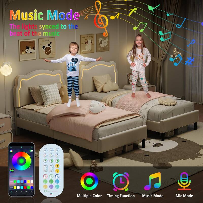 Twin Size Platform Bed Frame, Velvet Upholstered Bed Frame with Height Adjustable Bear-Shaped Headboard