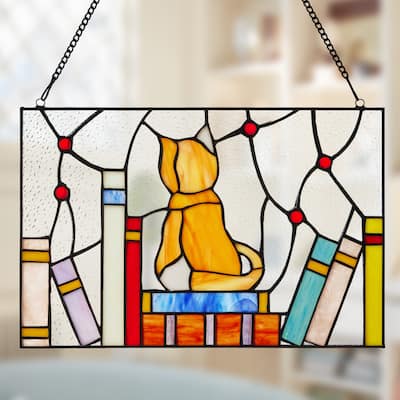 River of Goods 13-Inch Kitten on Books Stained Glass Window Panel - 13" x 0.25" x 8.5"
