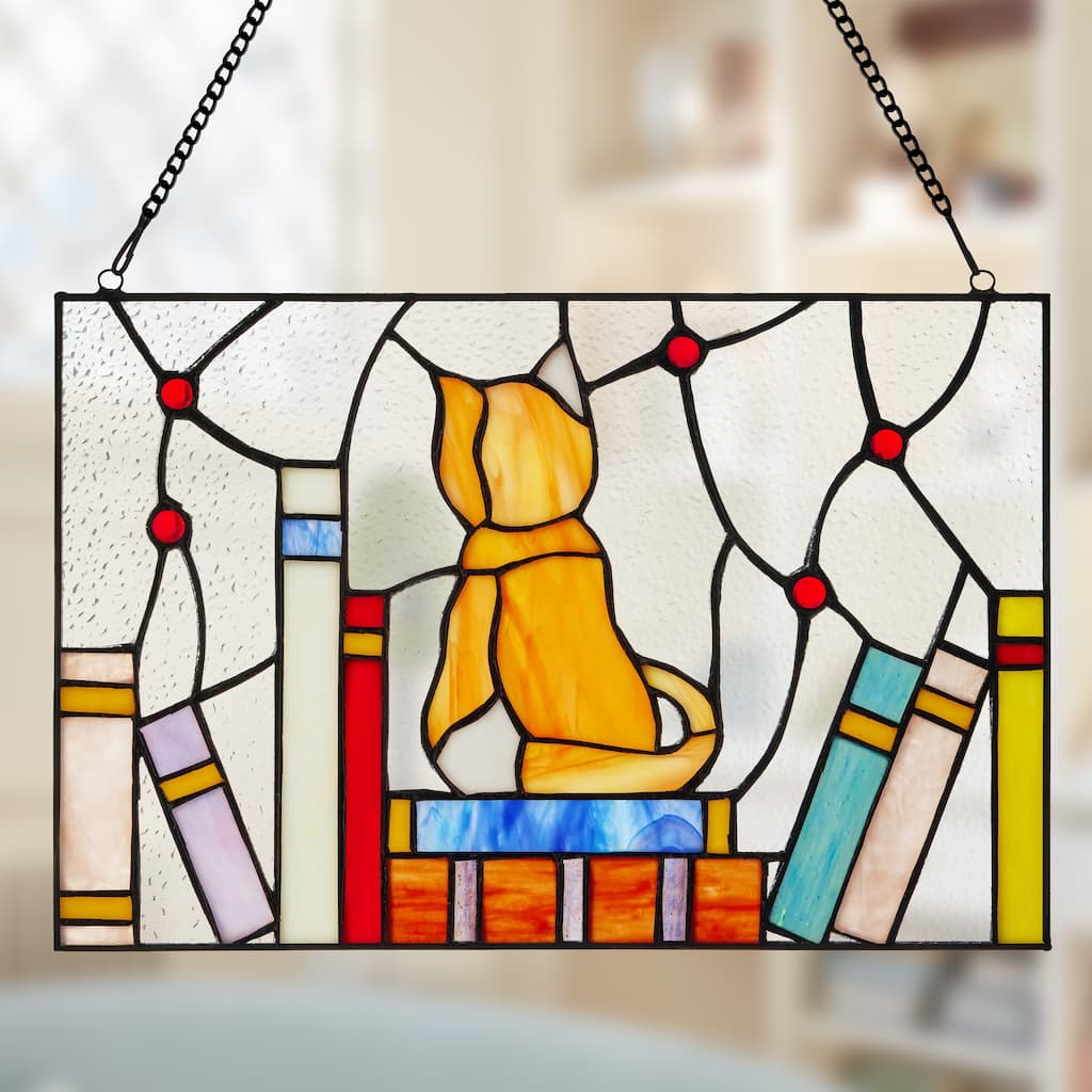 River of Goods 13-Inch Kitten on Books Stained Glass Window Panel - 13" x 0.25" x 8.5"