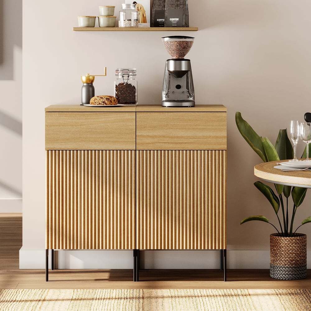 31.5" Wooden 2-Doors Sideboard With Charging Station, Modern Reeded Credenza Storage Cabinet