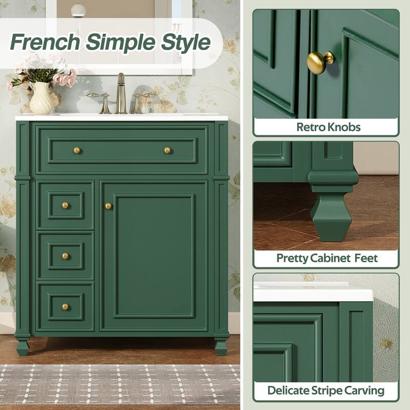 30 Inch Bathroom Vanity Cabinet with Ceramic Sink Basin, Storage Cabinet with Soft Close Doors and Door Organizer