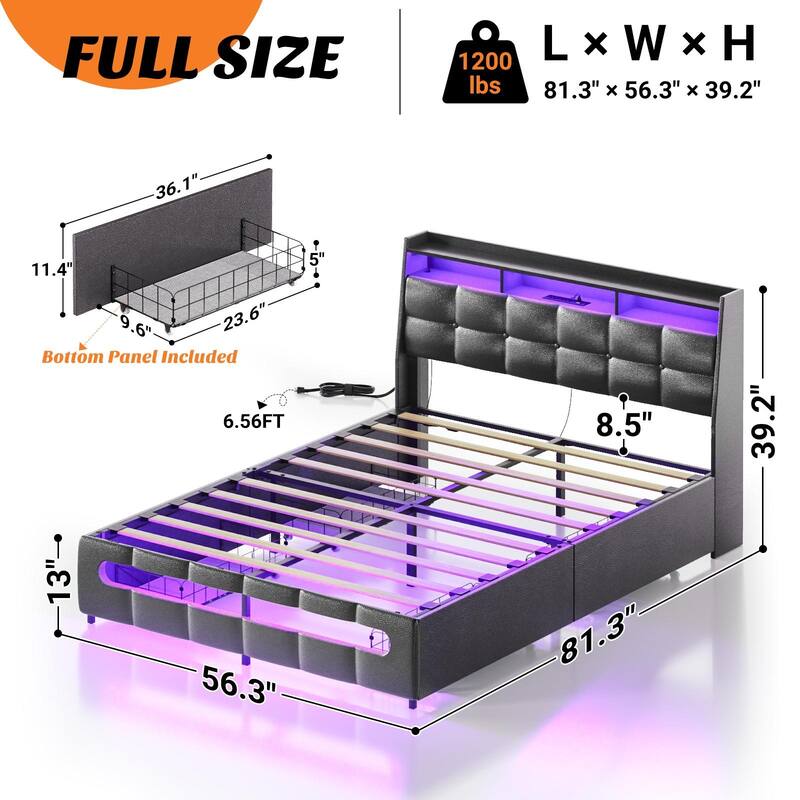 Bed Frame with Upholstered Headboard and 4 Drawers,Plateform Bed with Charging Station and RGB LED Lights - Black - Full