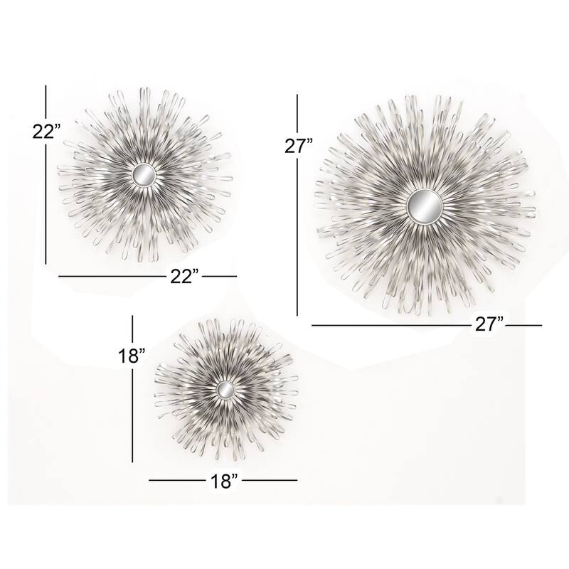 Metal 3D Looped Sunburst Wall Decor with Mirrored Center (Set of 3) - Silver or Gold