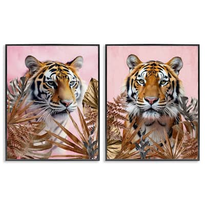 Stupell Fierce Tigers & Gold Leaves Framed Giclee Art Design By Kim Allen (Set of 2)