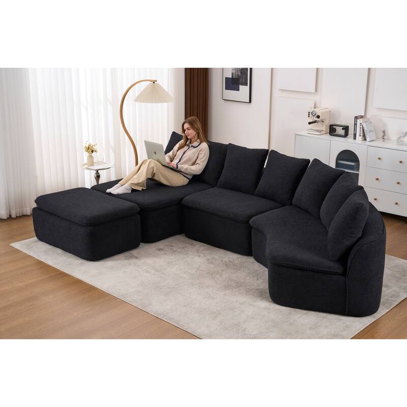 U-Shaped Modular Sectional Sofa with Ottoman, Woodgrain Chenille Deep Seat Boneless Couch, Compression Sofa with Pillows