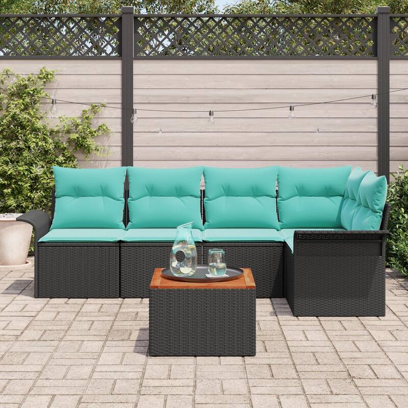 vidaXL 6 Garden Sofa Set with Cushions Black Poly Rattan - 95.9 x 52.2 x 27.2