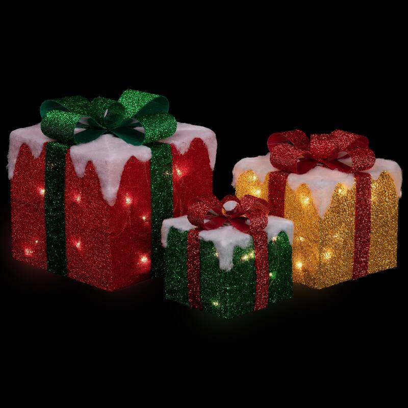 3 LED Green, Gold Red Snowy Gift Boxes Outdoor Christmas Decorations