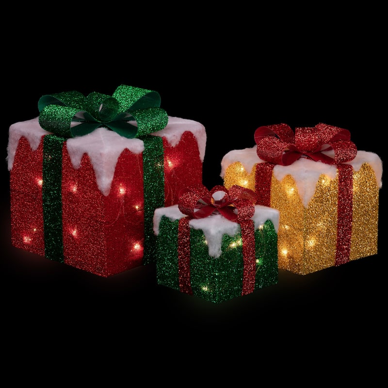 Set of 3 LED Lighted Green Gold and Red Snowy Gift Boxes Outdoor Christmas Decorations - 10"
