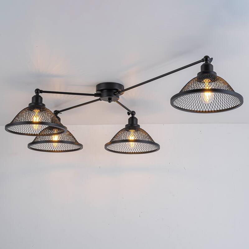 4 Lights Industrial Cone Shaped Iron Mesh Flush Mount Ceiling Light - Dia.47.24-in