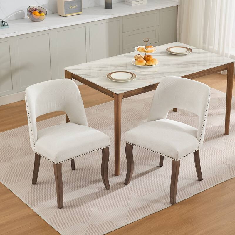 Modern Fabric Upholstered Dining Chairs Set of 2, Farmhouse Wooden Dining Room Chairs with Curved Backrest, Rivet Trim